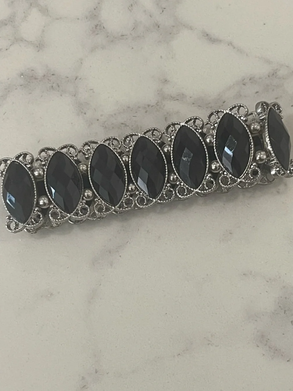 Black Beaded Bracelet Set with Silver Accents and Beaded Stretch Ring